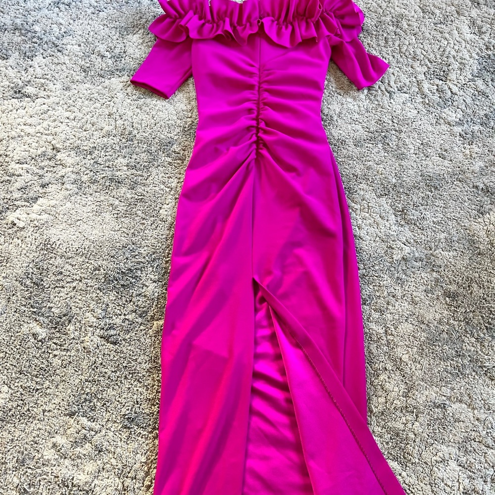 Prom formal dress Xscape Ruffle Off-the-Shoulder Slit Ruched Crepe Gown hot pink